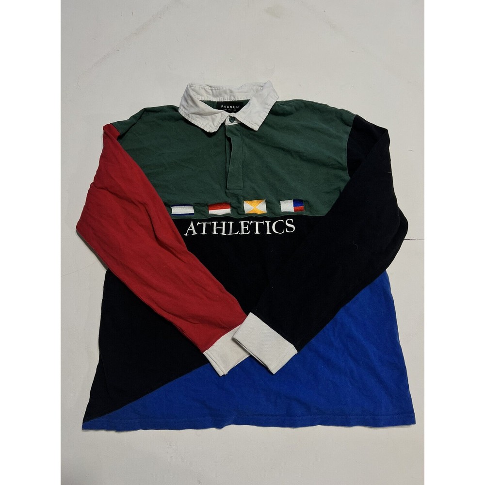 Pac Sun Mens Polo Shirt Large Red Blue Colorblock Long Sleeve Top Rainbow Top